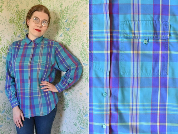 PLAID 1970's 80's Vintage Deep Teal Blue + Purple… - image 1