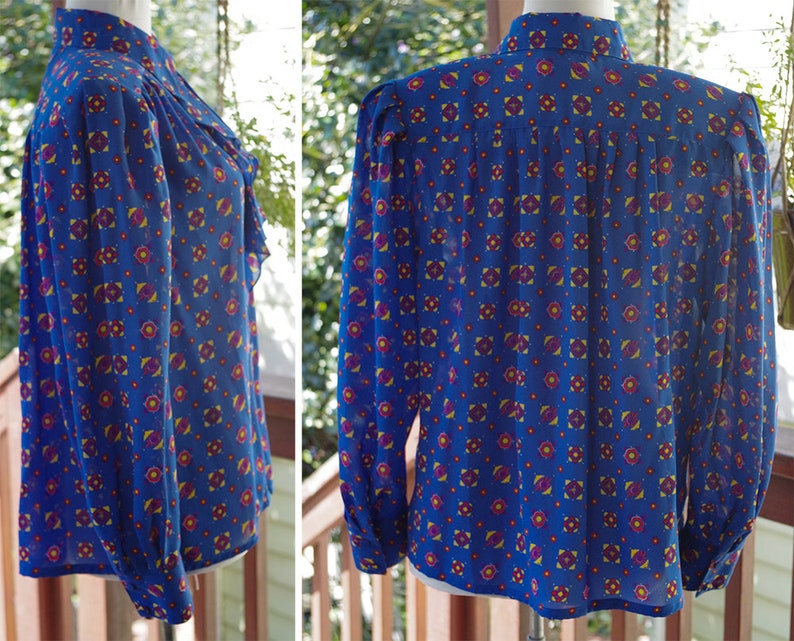 Red Modern Victorian Blouse Long BIG Sleeves size Medium by Josephine RUFFLED 1970/'s 80/'s Vintage Bright Blue Yellow
