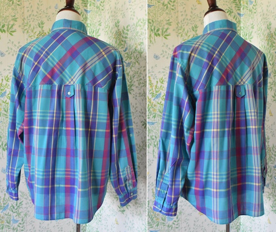 PLAID 1970's 80's Vintage Deep Teal Blue + Purple… - image 7