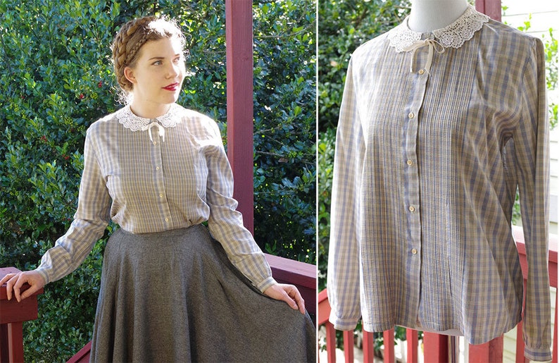 Light PLAID 1980/'s Vintage Light Gray Cotton Blouse w Lace Collar Tiny Pleats Long Sleeves size Medium by SAKS Fifth Avenue