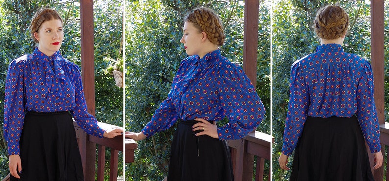 Red Modern Victorian Blouse Long BIG Sleeves size Medium by Josephine RUFFLED 1970/'s 80/'s Vintage Bright Blue Yellow