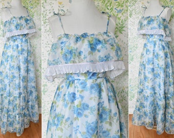 Blue ROSES 1970's Vintage Light Blue Long Floral Organza Dress // Formal Gown w/ Ruffles // size XS Waist 24"