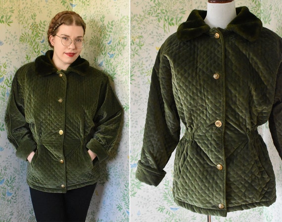 Dark OLIVE 1980's 90's Vintage Green Quilted VELV… - image 1