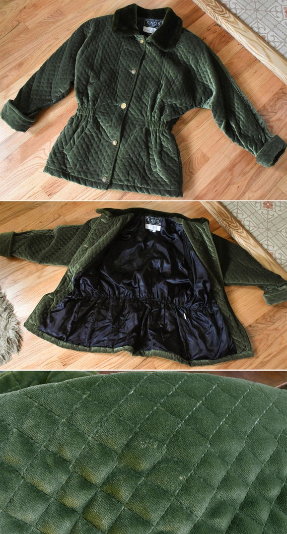 Dark OLIVE 1980's 90's Vintage Green Quilted VELV… - image 10