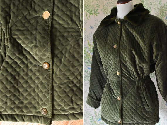 Dark OLIVE 1980's 90's Vintage Green Quilted VELV… - image 6