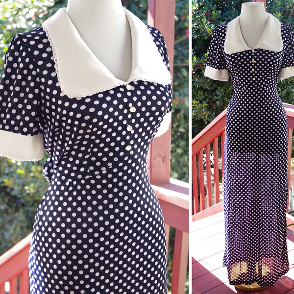 POLKA Dots 1960's 70's Vintage MOD Navy Blue + White Dotted Maxi Dress w/ Short Sleeves  // size XS Small