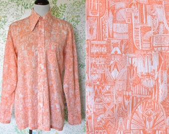 METROPOLIS 1960's 70's Men's Vintage MOD Art Deco Peachy Orange Shirt w/ Long Sleeves // by AROMA Topazo // size 15 1/2 Medium