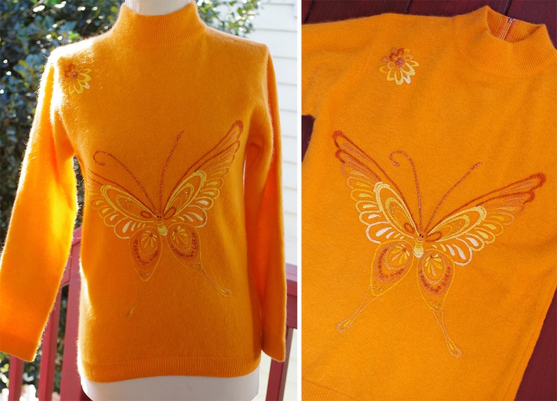 BUTTERFLY 1960/'s Vintage Bright Orange Embroidered Angora Wool Sweater w Back Zipper size Small 34 by PANDA