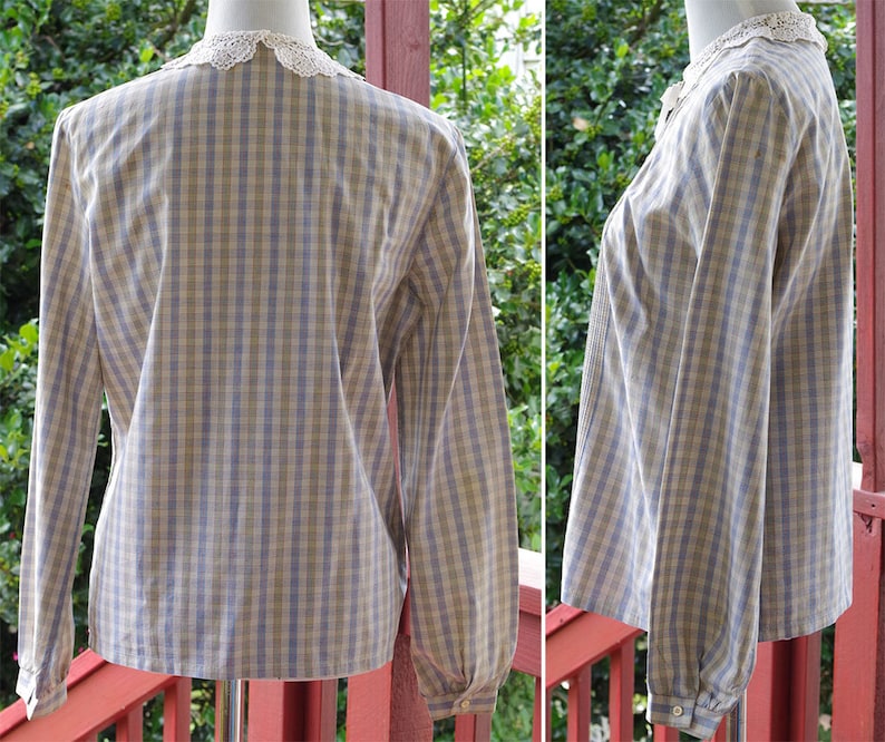 Light PLAID 1980/'s Vintage Light Gray Cotton Blouse w Lace Collar Tiny Pleats Long Sleeves size Medium by SAKS Fifth Avenue