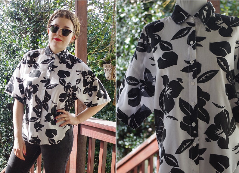 White Cotton Tropical Hawaiian Shirt size Medium MIDNIGHT in Maui 1980/'s Vintage Black