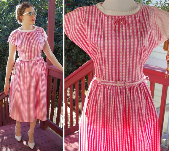GINGHAM 1950's 60's Vintage Bright Pink + White Gi