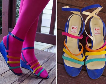 RAINBOW 1980&#39;s 90&#39;s Vintage Blue Suede Strappy Platform Open Toe Wedges // Summer Heels // size 7.5 M // RED by Ramon Tenza