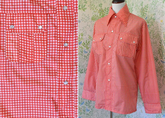 GINGHAM 1960's 70's Vintage Men's Red + White Pla… - image 3