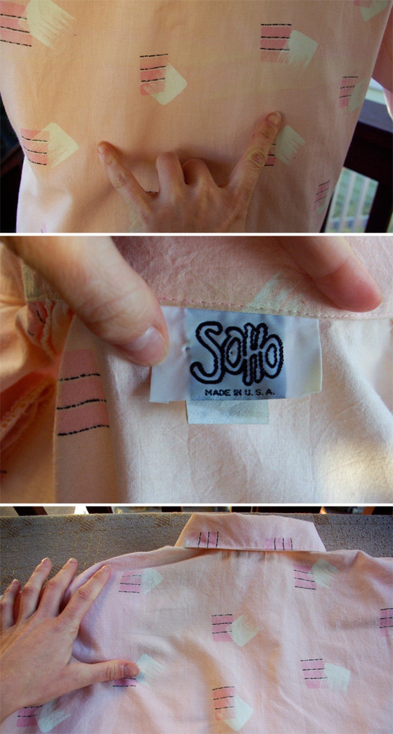 New WAVE 1980/'s Vintage Peachy Pink Button Down Shirt with Geometric Designs by SOHO size Small Medium
