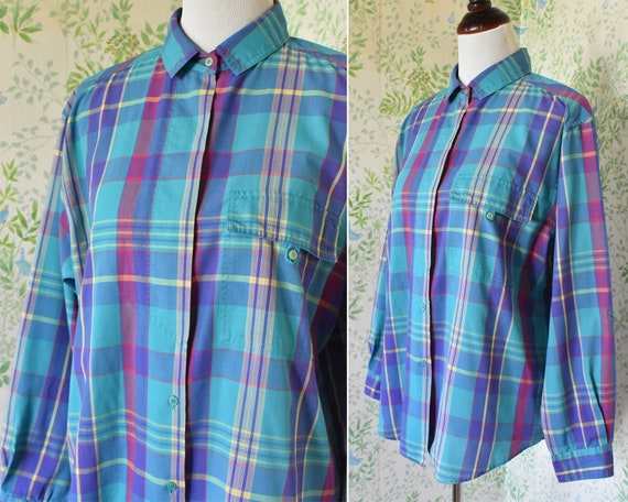 PLAID 1970's 80's Vintage Deep Teal Blue + Purple… - image 4