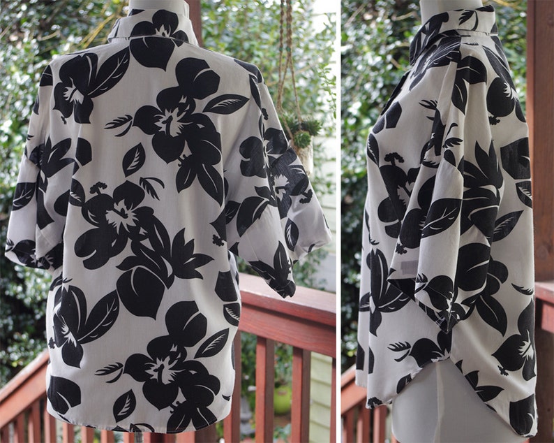White Cotton Tropical Hawaiian Shirt size Medium MIDNIGHT in Maui 1980/'s Vintage Black