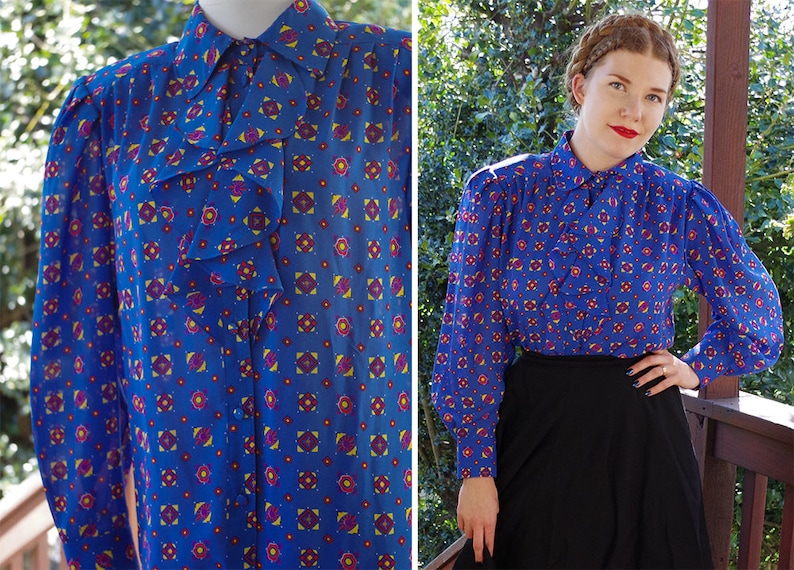 Red Modern Victorian Blouse Long BIG Sleeves size Medium by Josephine RUFFLED 1970/'s 80/'s Vintage Bright Blue Yellow