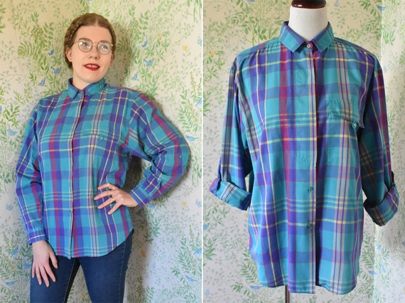 PLAID 1970's 80's Vintage Deep Teal Blue + Purple… - image 2