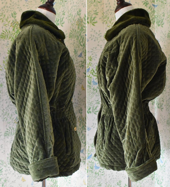 Dark OLIVE 1980's 90's Vintage Green Quilted VELV… - image 7