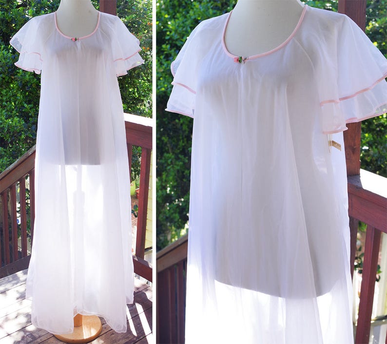White LILY 1960/'s 70/'s Vintage Sheer White Pink Nylon Chiffon Robe w Layered Sleeves by Val MODE size Small Deadstock w Tags