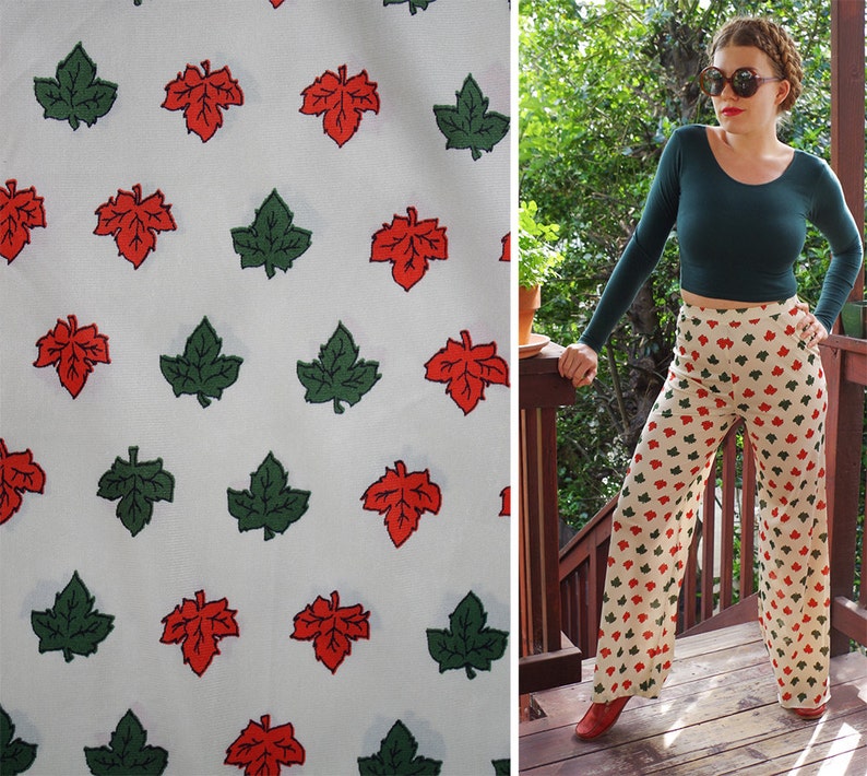 MAPLE Leaf 1960/'s 70/'s Vintage Cream White Bell Bottoms Pants with Rust Orange Green Leafy Design size Small Oh CANADA