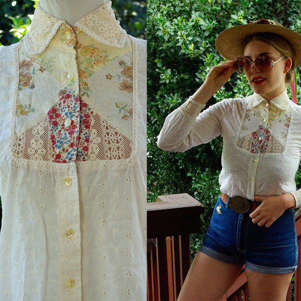 TRAIL Ride 1960's 70's Vintage Cream Western Cowgirl Country Shirt with Eyelets Lace + Patchwork // size XS Small