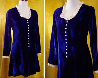 Blue VELVET 1960's Vintage Original Dark Royal Velvet Babydoll Mini Dress w/ Cream White Lace Collar + Cuffs // size XS Small // Made in USA