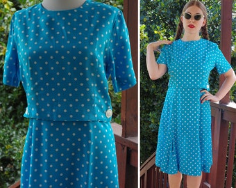 POLKA Dots 1960's Vintage Bright Blue + White Polka Dotted Dress with Illusion Top + Side Buttons // size Small Med