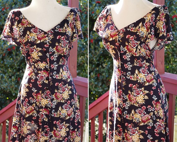 SUMMER Flowers 1990's Long Dark Navy Floral Rayon… - image 3