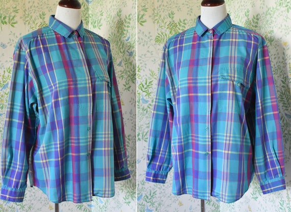 PLAID 1970's 80's Vintage Deep Teal Blue + Purple… - image 5