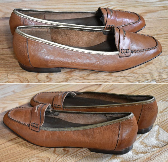 Brown + GOLD 1980's 90's Vintage Brown Leather Sl… - image 3