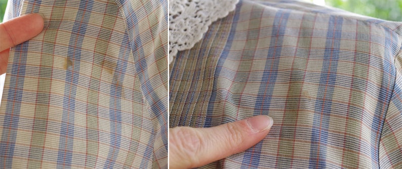 Light PLAID 1980/'s Vintage Light Gray Cotton Blouse w Lace Collar Tiny Pleats Long Sleeves size Medium by SAKS Fifth Avenue