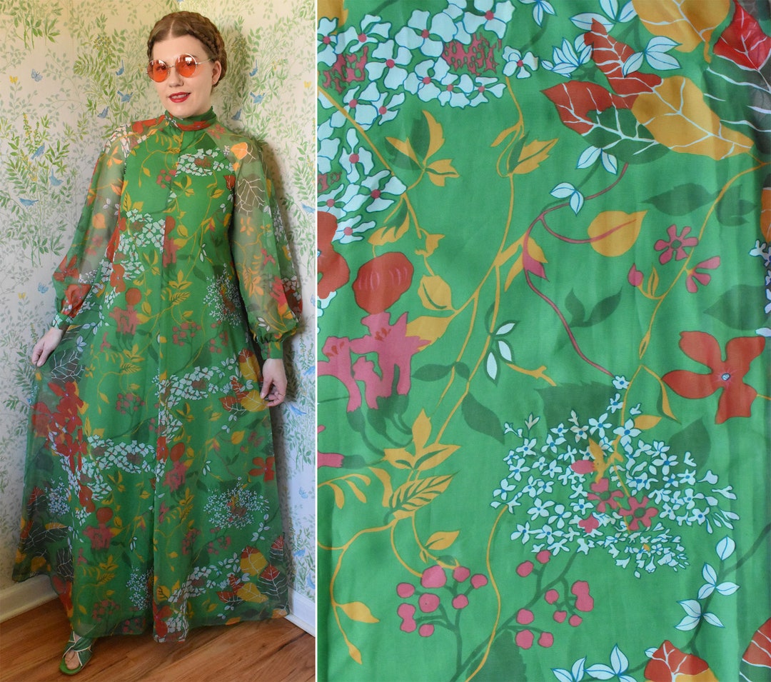VINTAGE 60s 70s BLUE PINK BLACK GREEN DITSY FLORAL SHEER MAXI DRESS 6