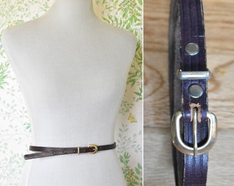 Leather + BRASS 1970's 80's Vintage Slim Dark Brown Leather Belt w/ Brass Buckle // size Small Medium // 27 28 29 30 31" Waist