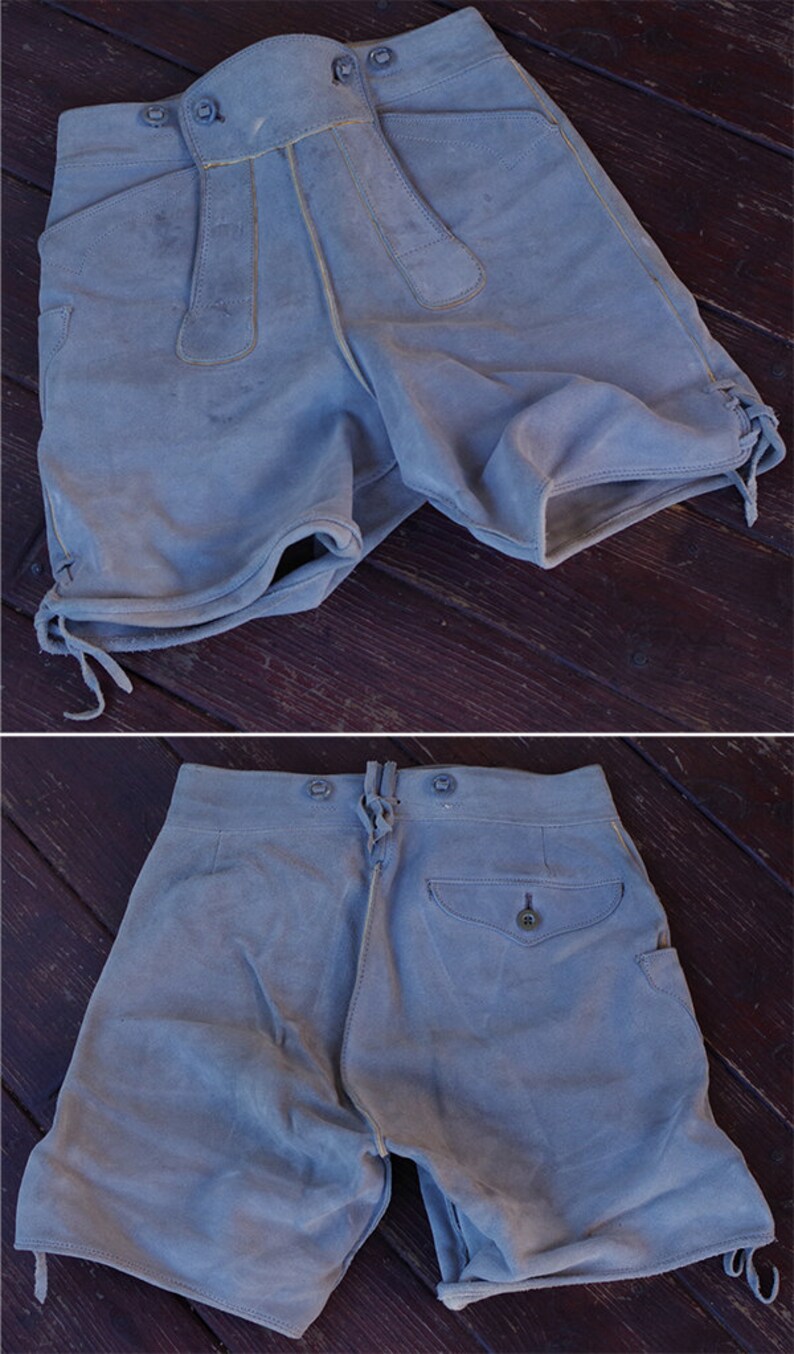 OKTOBERFEST 1950/'s 60/'s Light Grey LEATHER High Waist Lederhosen Shorts by BERGFREUND Germany size 38 Small Medium