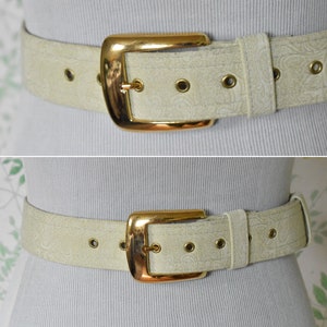 SOFTEST Sage 1970&#39;s 80&#39;s Vintage Solid Creamy Light Sage Green Paisley Belt w/ Brass Buckle // size Small Med // Waist 28 29 30&quot;