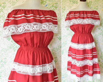 Spanish FIESTA 1970's 80's Vintage Maroon Brick Red + White Ruffled Off Shoulder Dress w/ Lace Edges // size Small Medium