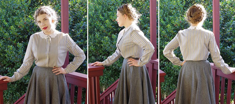 Light PLAID 1980/'s Vintage Light Gray Cotton Blouse w Lace Collar Tiny Pleats Long Sleeves size Medium by SAKS Fifth Avenue
