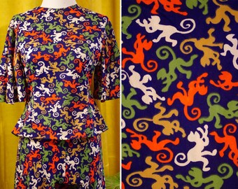 MONKEYING Around 1960&#39;s 70&#39;s Vintage Blue Lime Tan + Hot Orange Leisure Suit w/ Blouse + Bell Bottom Pants // size XS Small 24 25 26&quot; Waist