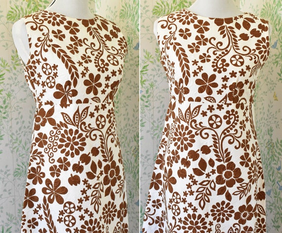 GARDEN Party 1960's 70's Vintage Long Brown + Whi… - image 2