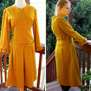 MUSTARD 1960's 70's Vintage Golden Yellow Wool Dress With Flower Petal ...