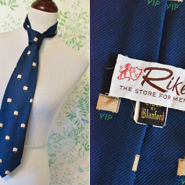 Boardroom VIP 1970's 80's Vintage Men's Deep Blue Polyester Suit Tie w/ Little VIP Briefcases // Crested Clubs by BLANFORD for Rike's