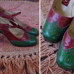 STACKED 1960&#39;s 70&#39;s Vintage Deep Green + Burgundy Red Leather Mary Jane Platforms // High Heels // size 6 // by CAREL Paris // Made in Italy
