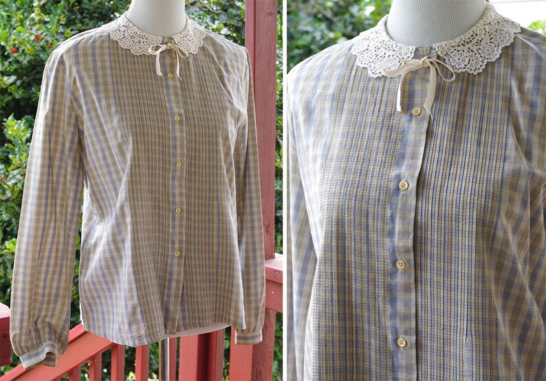 Light PLAID 1980/'s Vintage Light Gray Cotton Blouse w Lace Collar Tiny Pleats Long Sleeves size Medium by SAKS Fifth Avenue