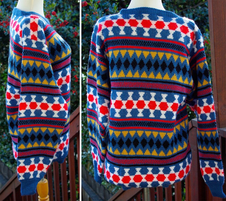Harlequin 1980/'s 90/'s Vintage Blue Red Gold Diamond Geometric Sweater size Large