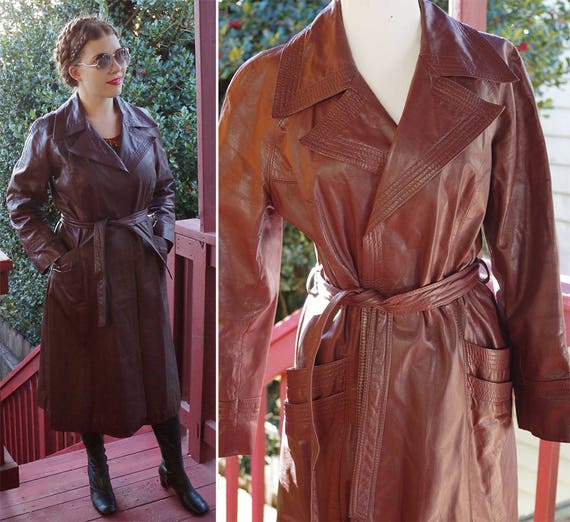 BROOKLYN 1970's Vintage Dark Brown Leather Long Trench | Etsy