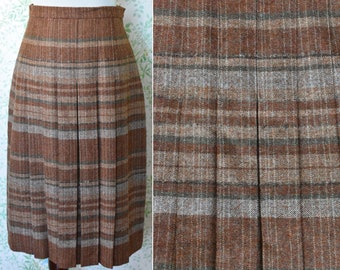 AUTUMN 1970's 80's Vintage Brown + Gray Striped Wool Tweed Pleated Skirt // size 12 Small Medium / Waist 28" / by The Edinburgh Woollen Mill