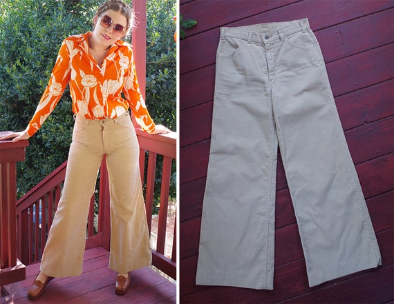CORDUROY 1960's 70's Vintage Khaki Beige Cotton Hi