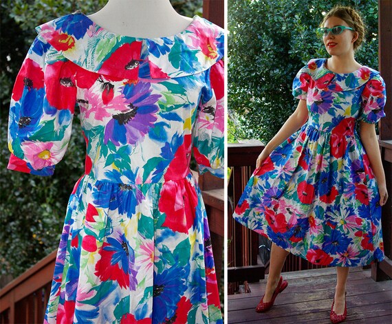 Spring FLING 1980's 90's Vintage Bright Colorful Red Blue FLORAL