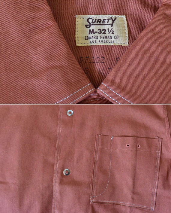 WORK Shirt 1940's 50's Vintage Men's Solid Rose B… - image 8